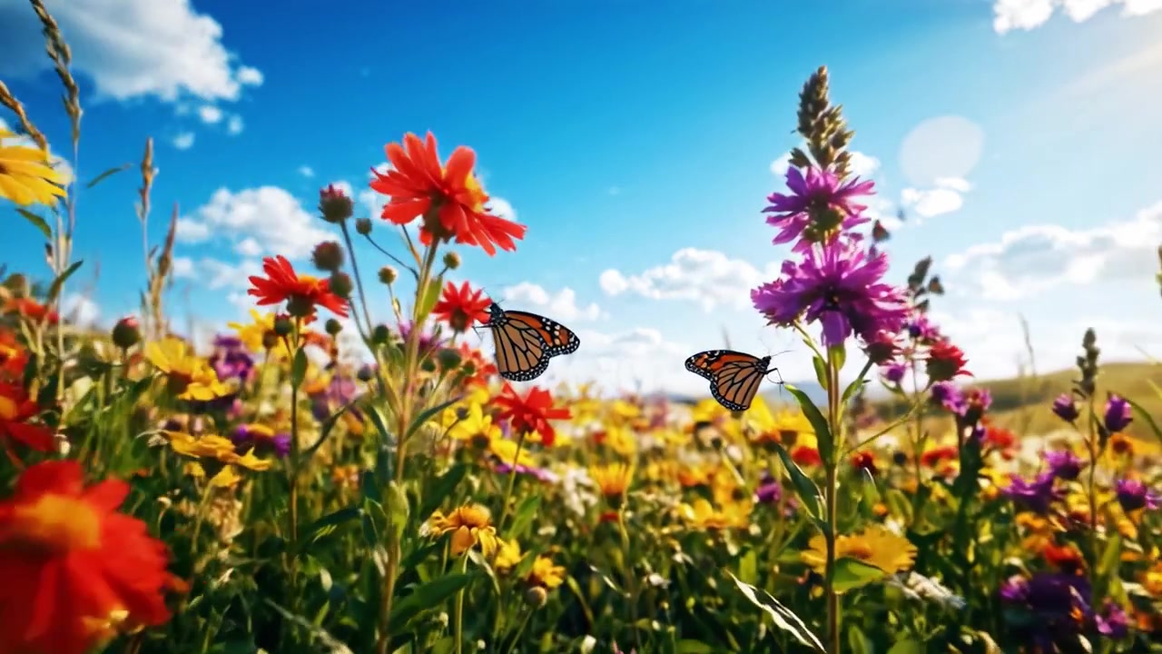 Un vibrante prato di fiori selvatici sotto un cielo luminoso e soleggiato: Uno spettacolo mozzafiato della bellezza della natura con fioriture colorate e un orizzonte azzurro e limpido.