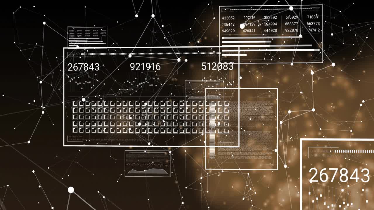 Opening with drifting nodes and lines, keyboard panel emerging and updating numbers for data view