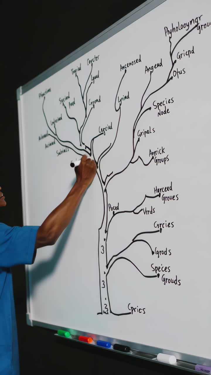 Person Presenting Evolutionary Tree on Whiteboard