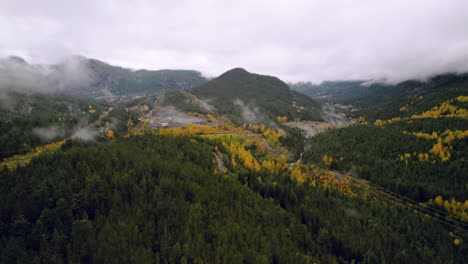 Filmische-Drohnenaufnahmen-Enthüllen-Einen-Nebligen-Waldberg-Im-Herbst-Mit-Gelben-Immergrünen-Bäumen-Und-Rollenden-Wolken