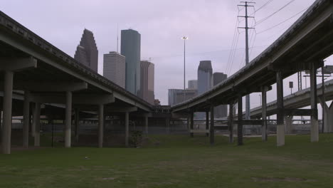 Low-angle-Establishing-shot-of-downtown-Houston