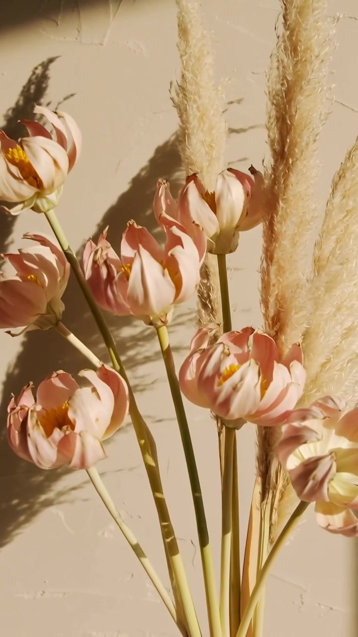 Video verticale: Una telecamera in movimento rivela un bouquet con piume di pampa nell'angolo di una stanza, con ombre calde.