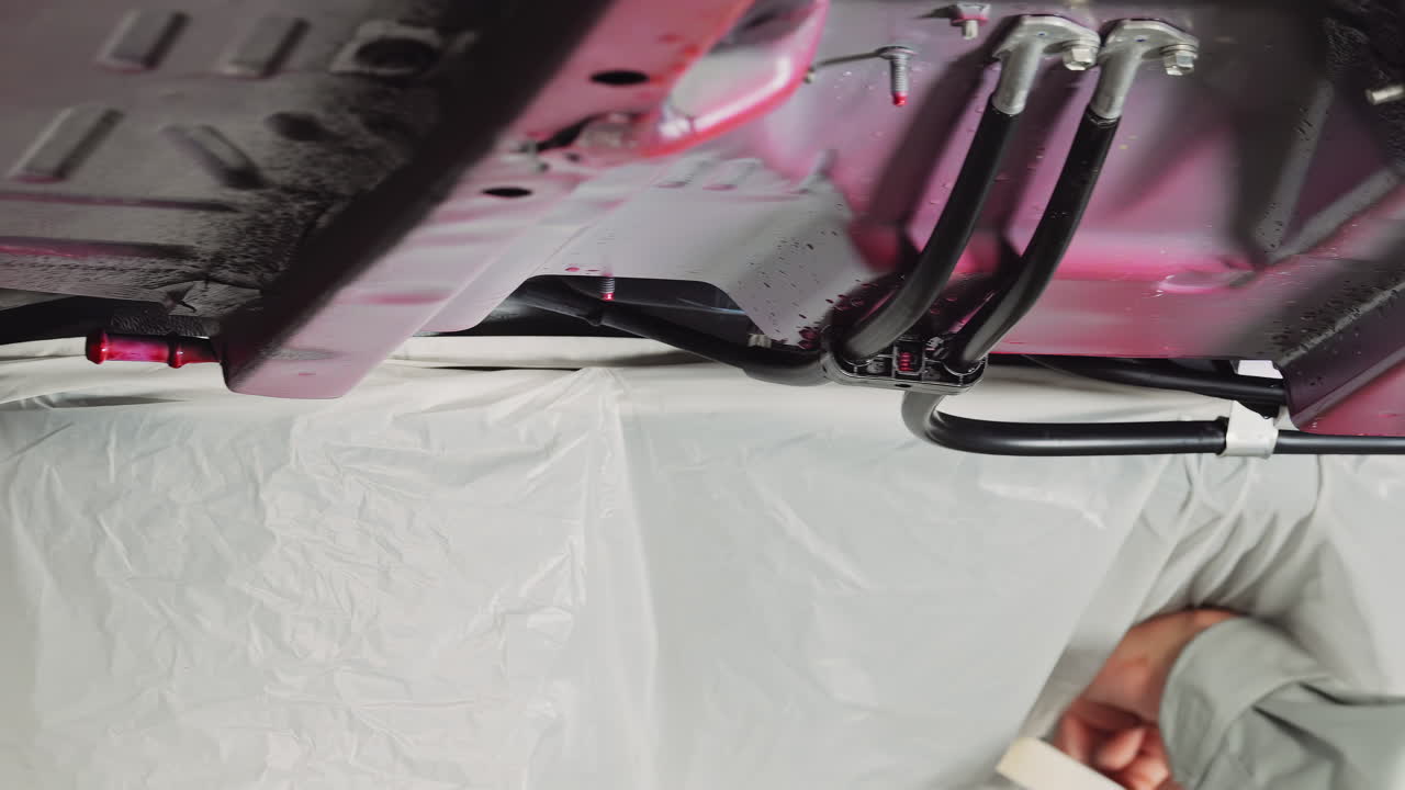 Automobile Engineer Expertly Covering Car Undercarriage with Plastic