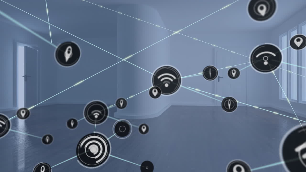 빈 방 위에 아이콘으로 연결된 네트워크의 애니메이션