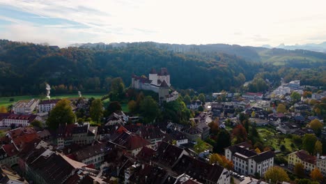 droneflight over the oldtown in burgdorf switzerland in direction of the castle.