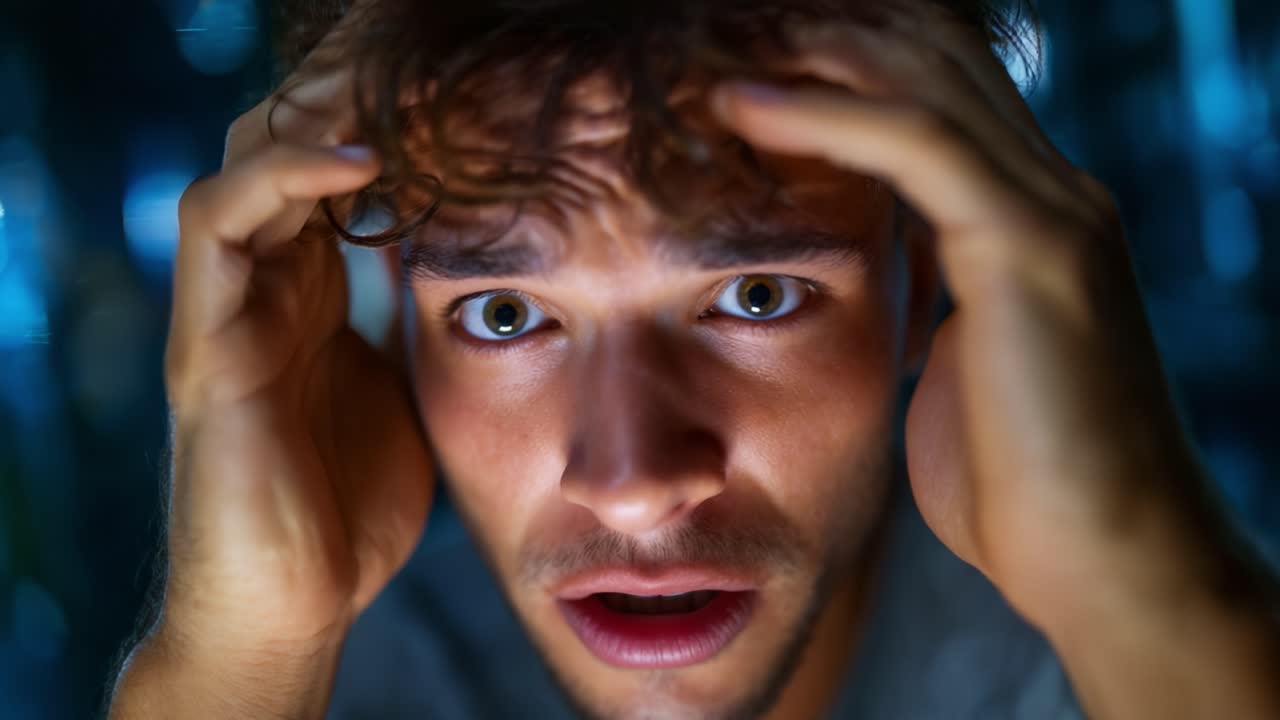 A distressed individual struggling with overwhelming emotions as they grasp their head, capturing a moment of anxiety and internal conflict in a tense atmosphere