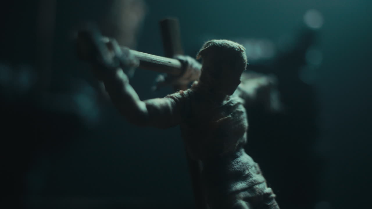 A miniature mummified doll hanging on the gallows at night