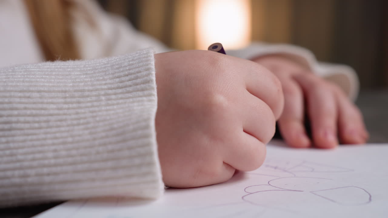 Close up of student hand drawing with purple pencil on paper, wearing white sweater, focused on sketching creative shapes, developing imagination, practicing early childhood education skills