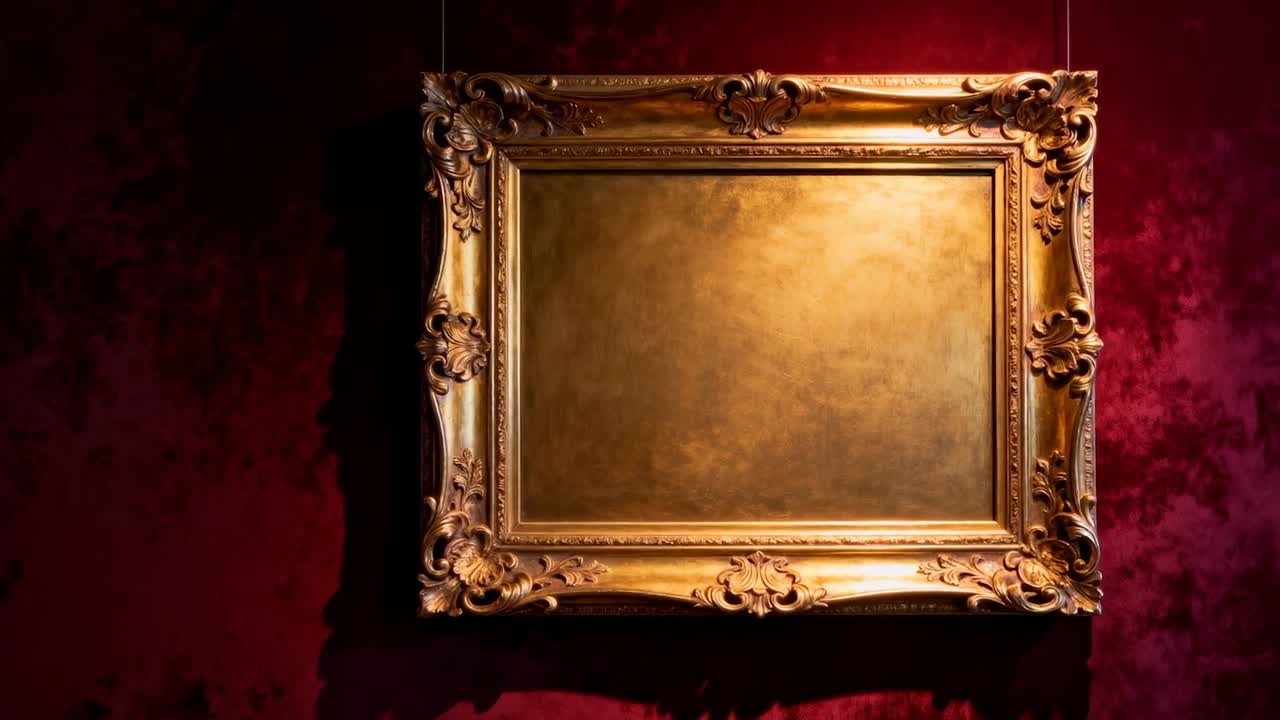 Telecamera in movimento che si avvicina a una cornice dorata decorata su una parete di una galleria, con faretti che illuminano i motivi intagliati