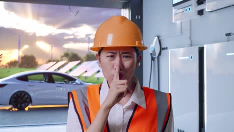 close up of asian female engineer with safety helmet making shh gesture with home energy storage system in a modern garage