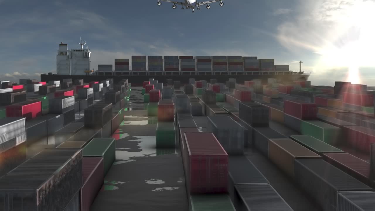 Cargo Ship with Containers and Airplane in the Sky