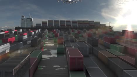 barco de carga con contenedores y avión en el cielo