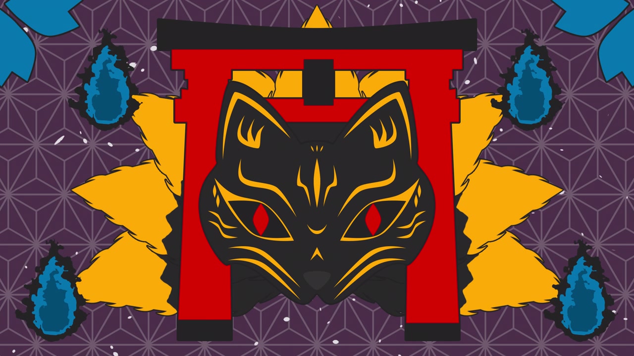 Illustrazione di maschera di volpe giapponese e porta Torii