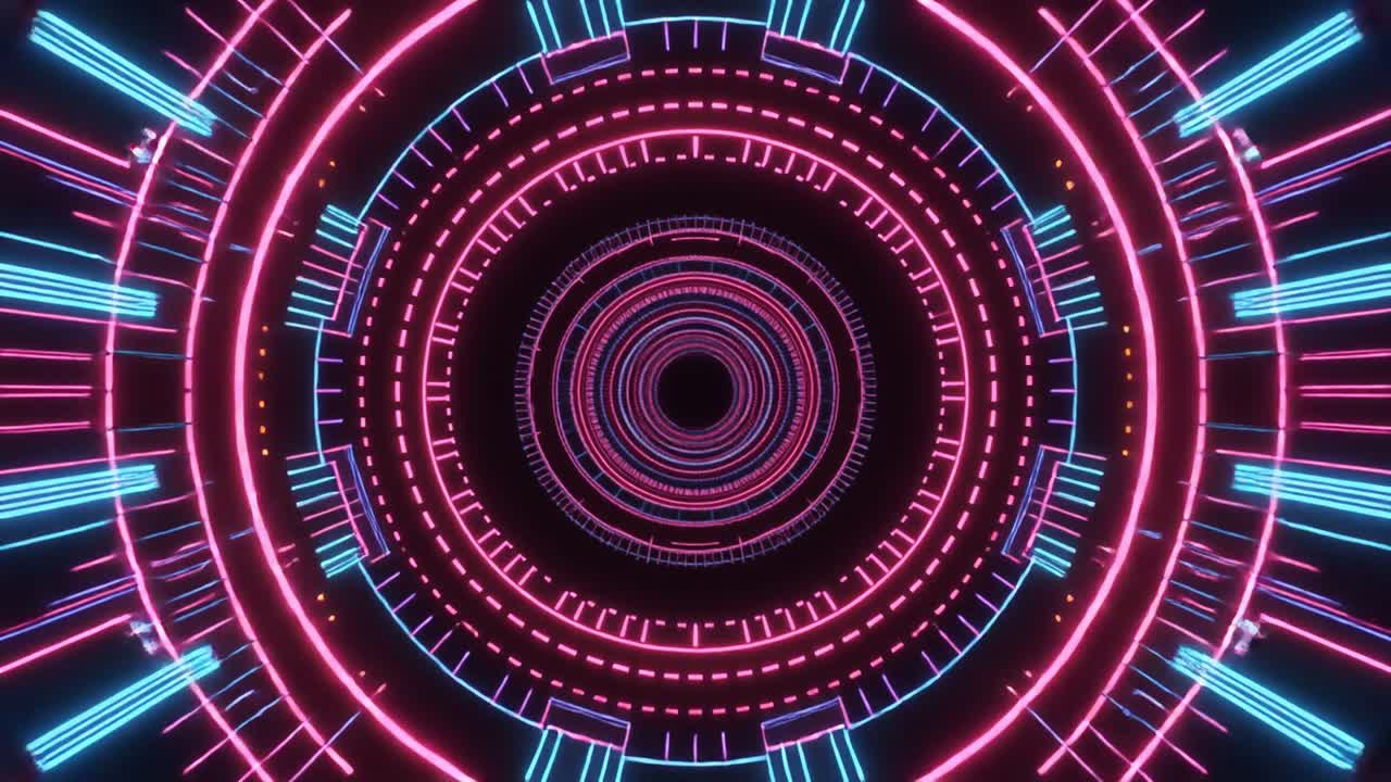 Tunnel astratto dinamico con anelli neon rosa e blu