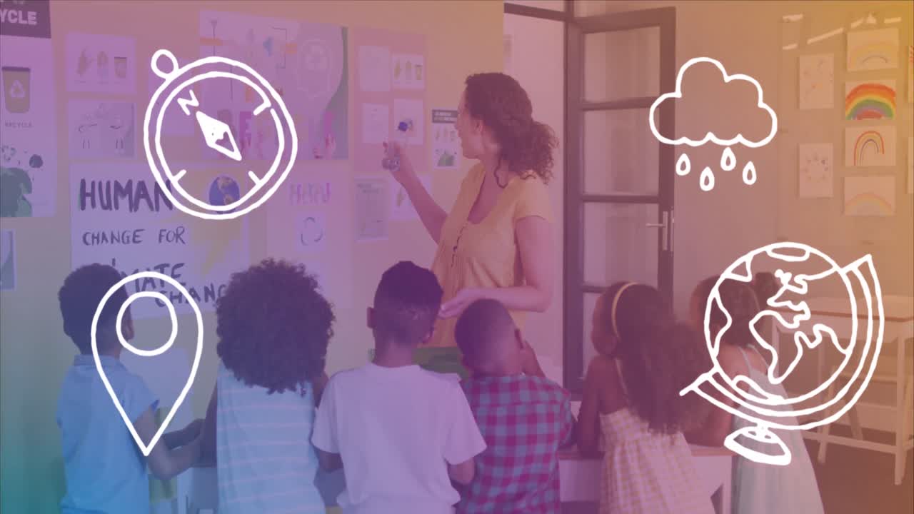 animación de lápices flotando sobre una feliz chica afroamericana