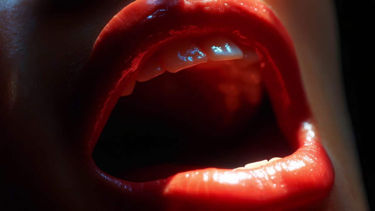 Close-Up of Glossy Red Lips and Open Mouth Highlighting the Intricacies of Human Expression, Capturing the Depth and Detail of the Oral Cavity and Lip Texture