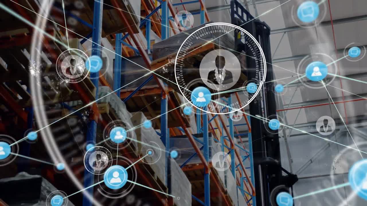 animación de la red de conexiones con los iconos de las personas sobre el almacén