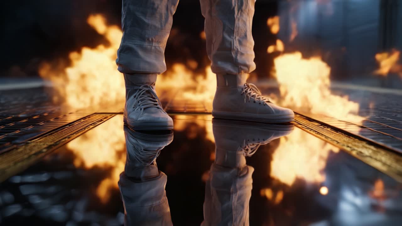Een gedurfde houding te midden van vlammen: een figuur staat veerkrachtig boven een reflecterend oppervlak, omringd door intens vuur en licht in een verbluffende visuele weergave.