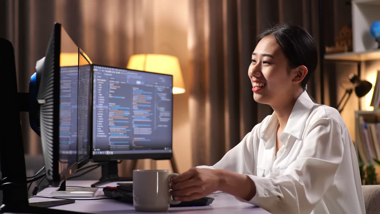 아시아 여성 프로그래머가 커피를 마시며 소프트웨어 엔지니어가 집에서 데스크 컴퓨터에서 앱, 프로그램, 비디오 게임을 개발합니다. 코딩 언어를 가진 터미널
