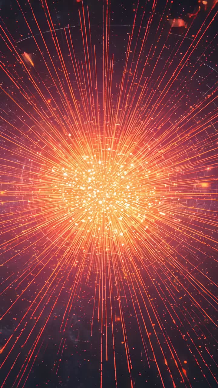 Vertical video: Pulsing glowing core emitting orange rays and sending sparks out in dark gradient