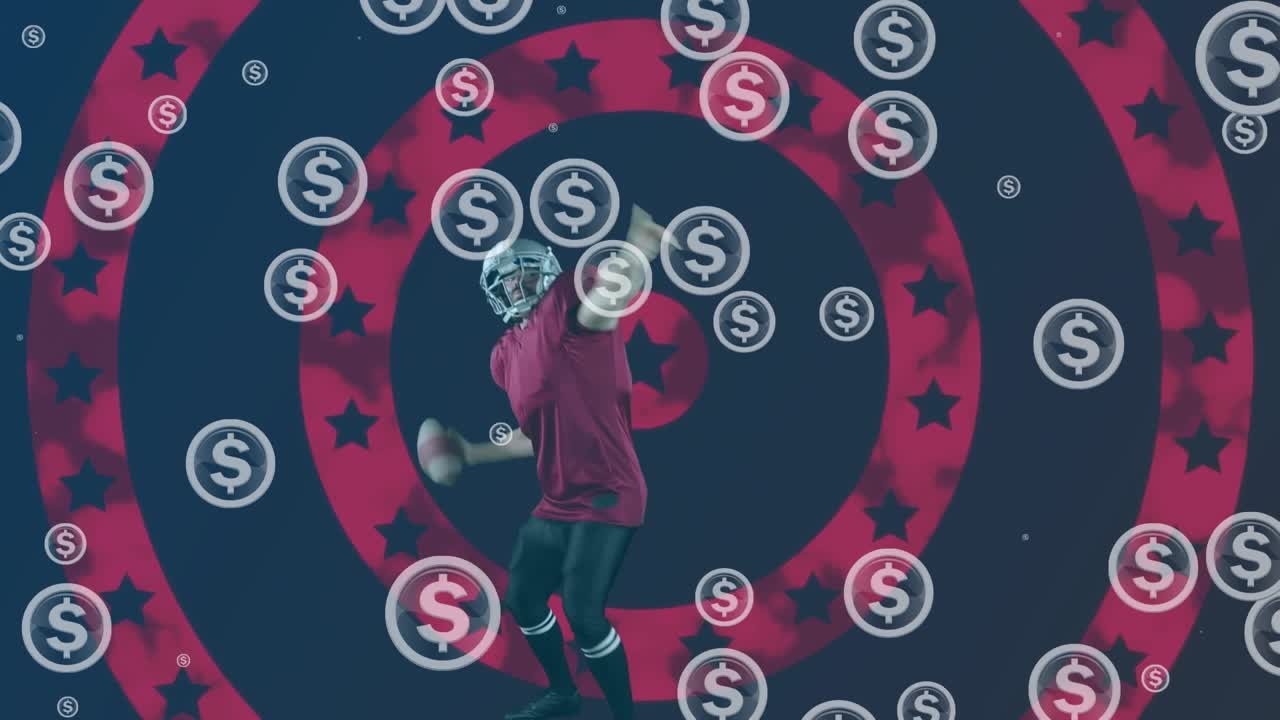 Animazione di dollari lampeggianti sopra un giocatore di football americano e cerchi rossi e blu scuro con stelle
