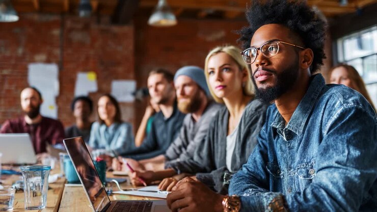 Un groupe diversifié engagé dans une discussion collaborative, partageant des idées et des points de vue dans un espace de travail moderne, plein de créativité et d’innovation