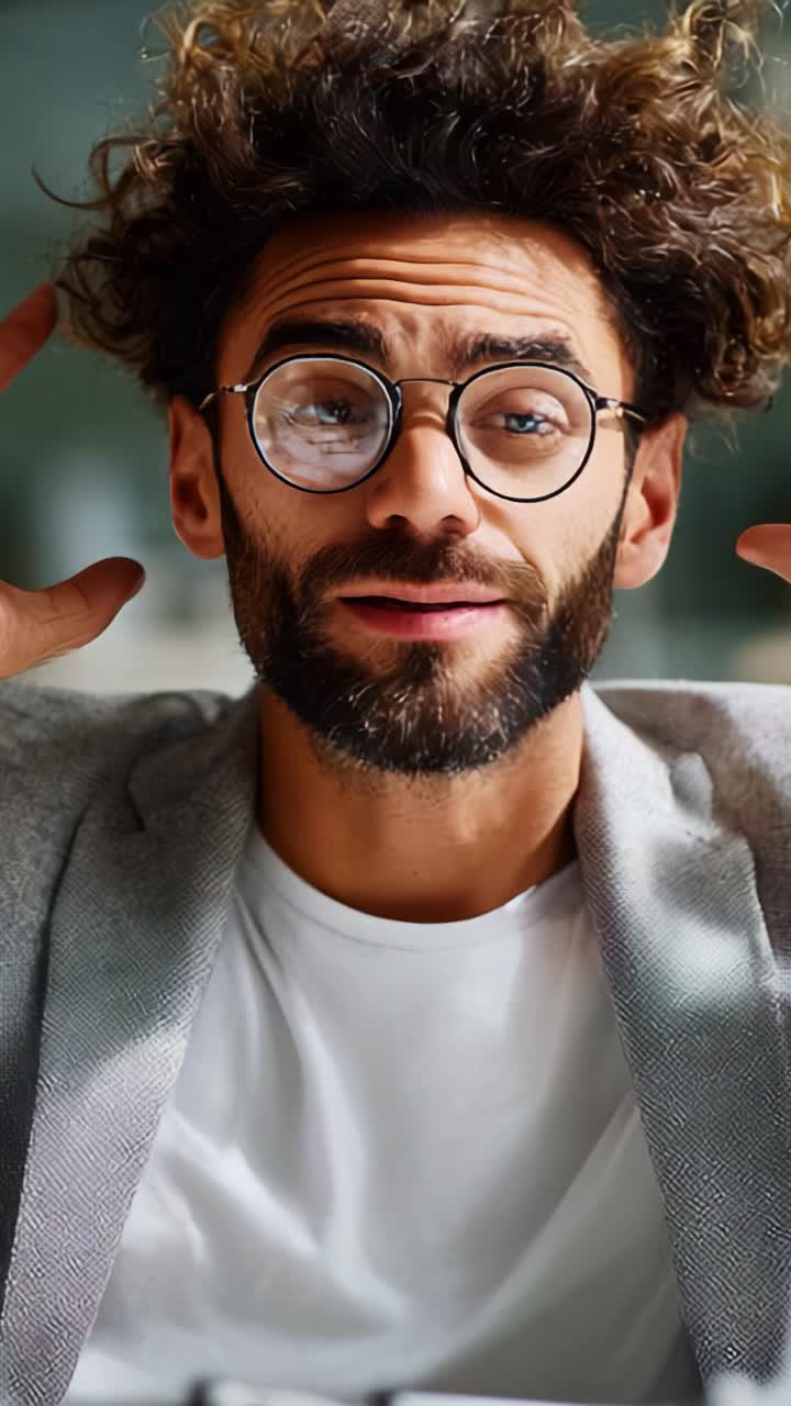 Frustrazione e confusione: un uomo con capelli ricci esprime le sue emozioni con occhiali usurati ed espressioni facciali distintive in due fotogrammi a contrasto