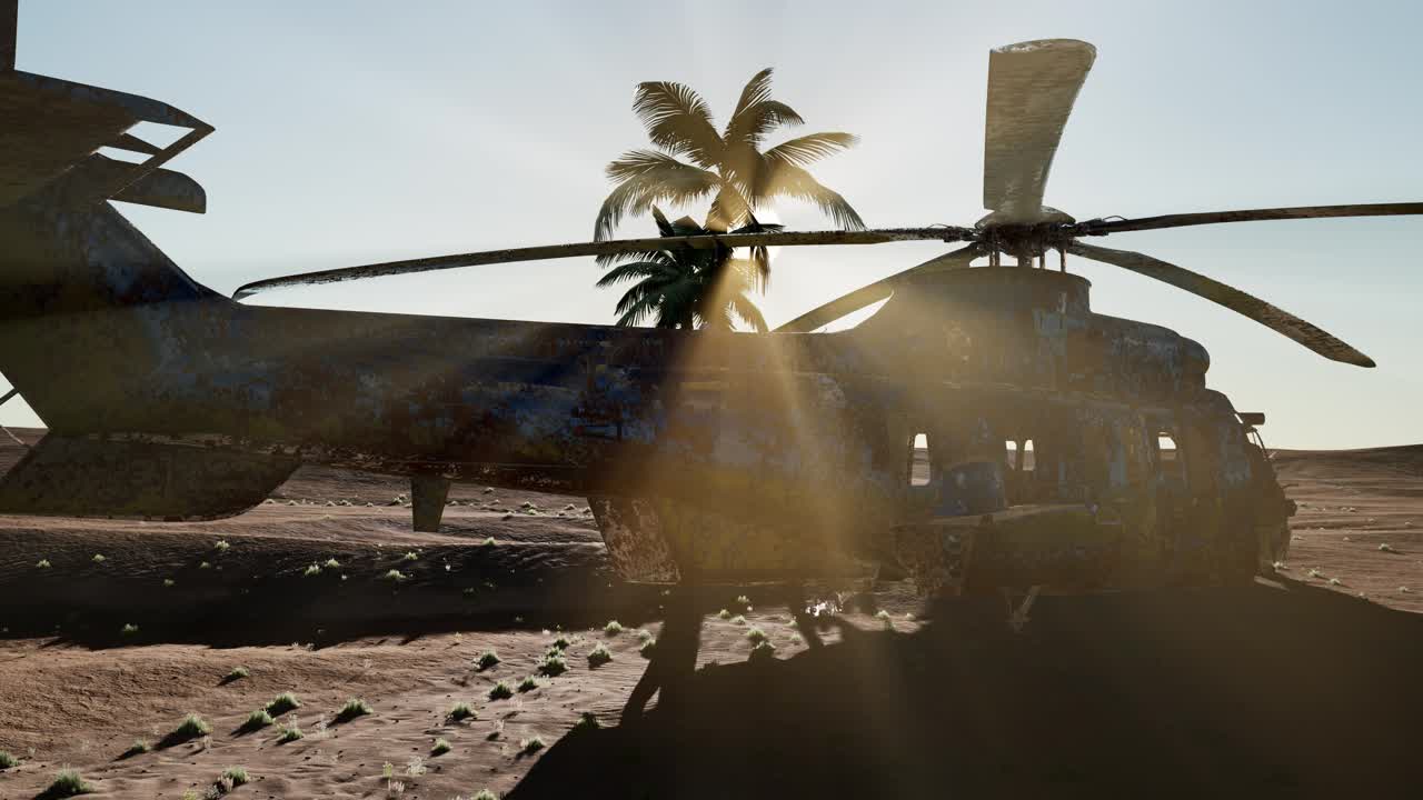 viejo helicóptero militar oxidado en el desierto al atardecer