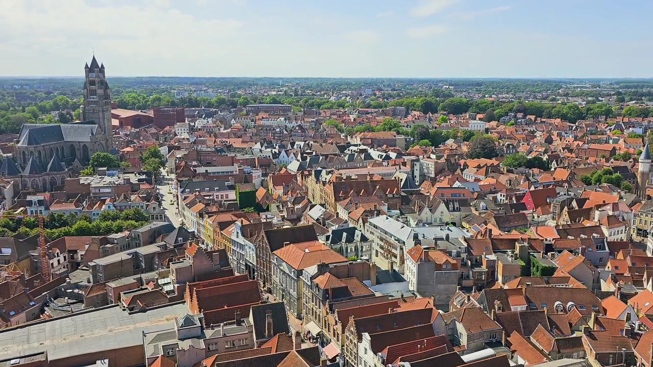 Bybillede fra høj vinkel, der viser tætte røde hustage, middelalderligt kirketårn, historiske bygninger, træbeklædte kvarterer og en bred skyline i en charmerende europæisk gammel by som rejsemål.