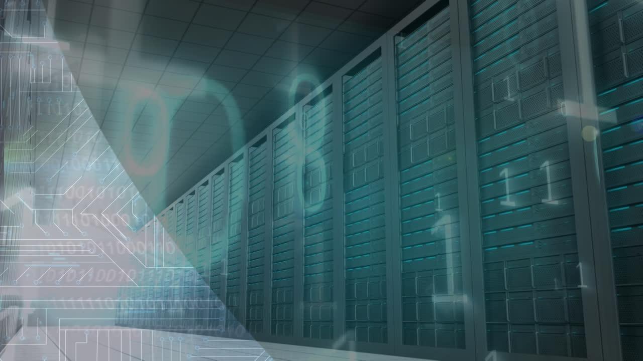 Animation of microprocessor connections and binary coding over empty computer server room