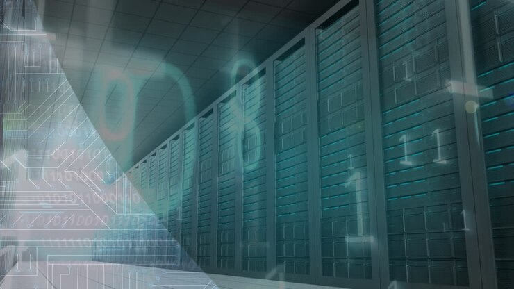Animation of microprocessor connections and binary coding over empty computer server room