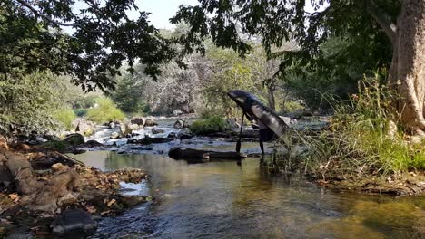 A-man-crossing-a-river-stream-of-the-Cauvery-river-carrying-a-coracle-and-a-paddle-in-Hogenakkal,-Tamilnadu,-India