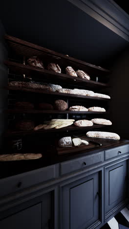 a rustic bakery with shelves of fresh bread