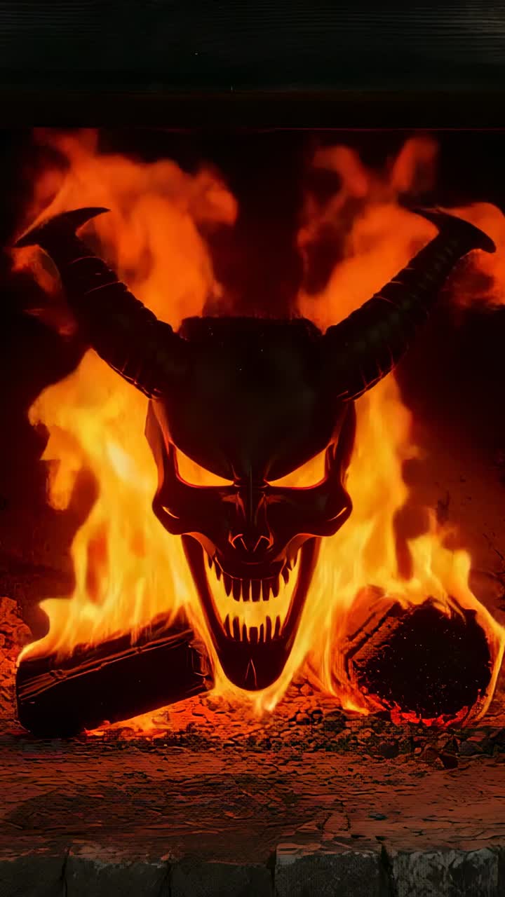 Vertical video: Burning logs feeding flames at hearth, flicking embers near demonic horned skull