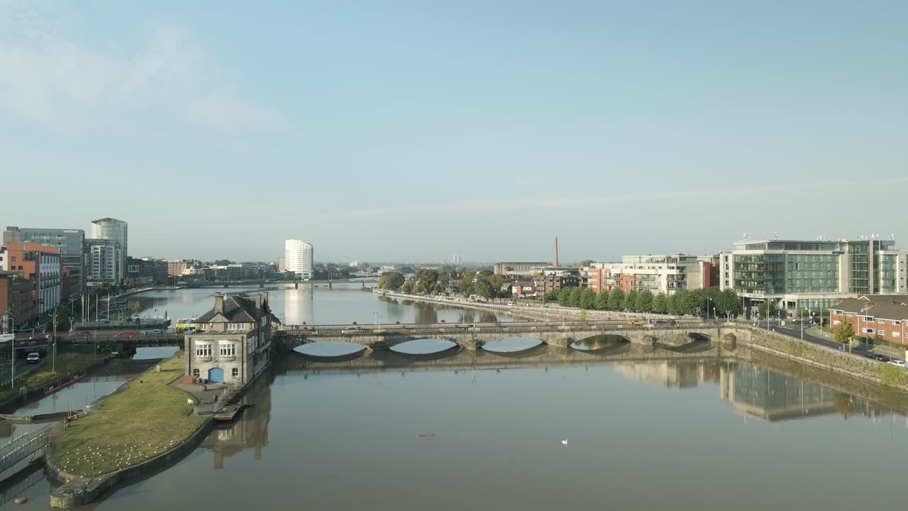 Sarsfield Swivel Bridge During Sunrise In The City Of Limerick, Ireland. Aerial Shot