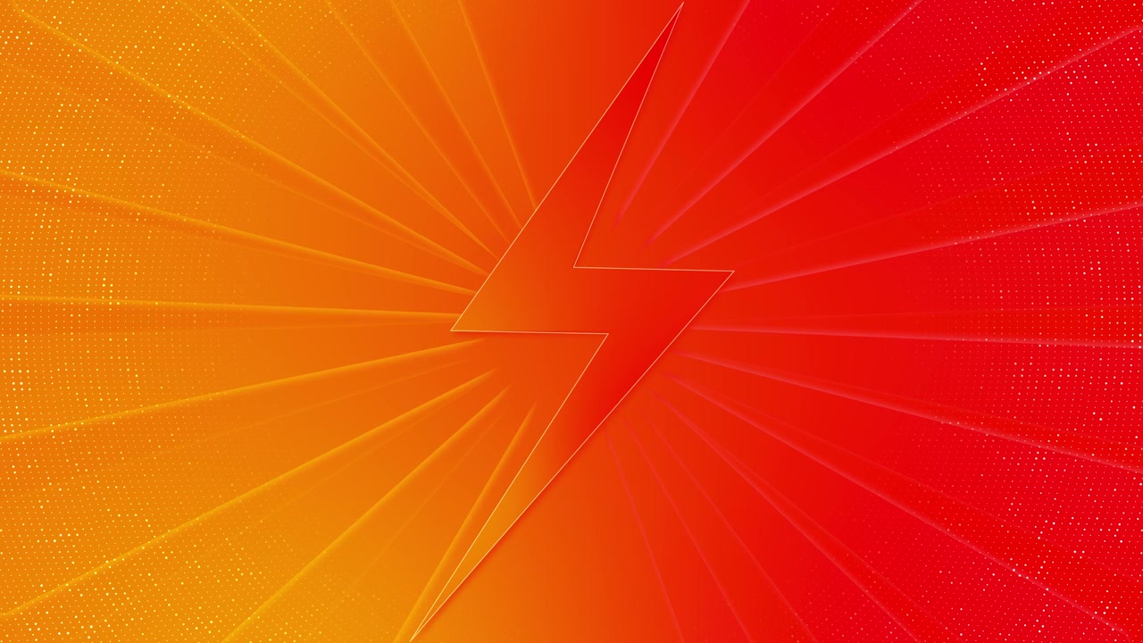 Orange-roter Blitzhintergrund, Comic-Energiestrahlen, Halbtonpunkte, warmer Farbverlauf, markantes Kraftsymbol