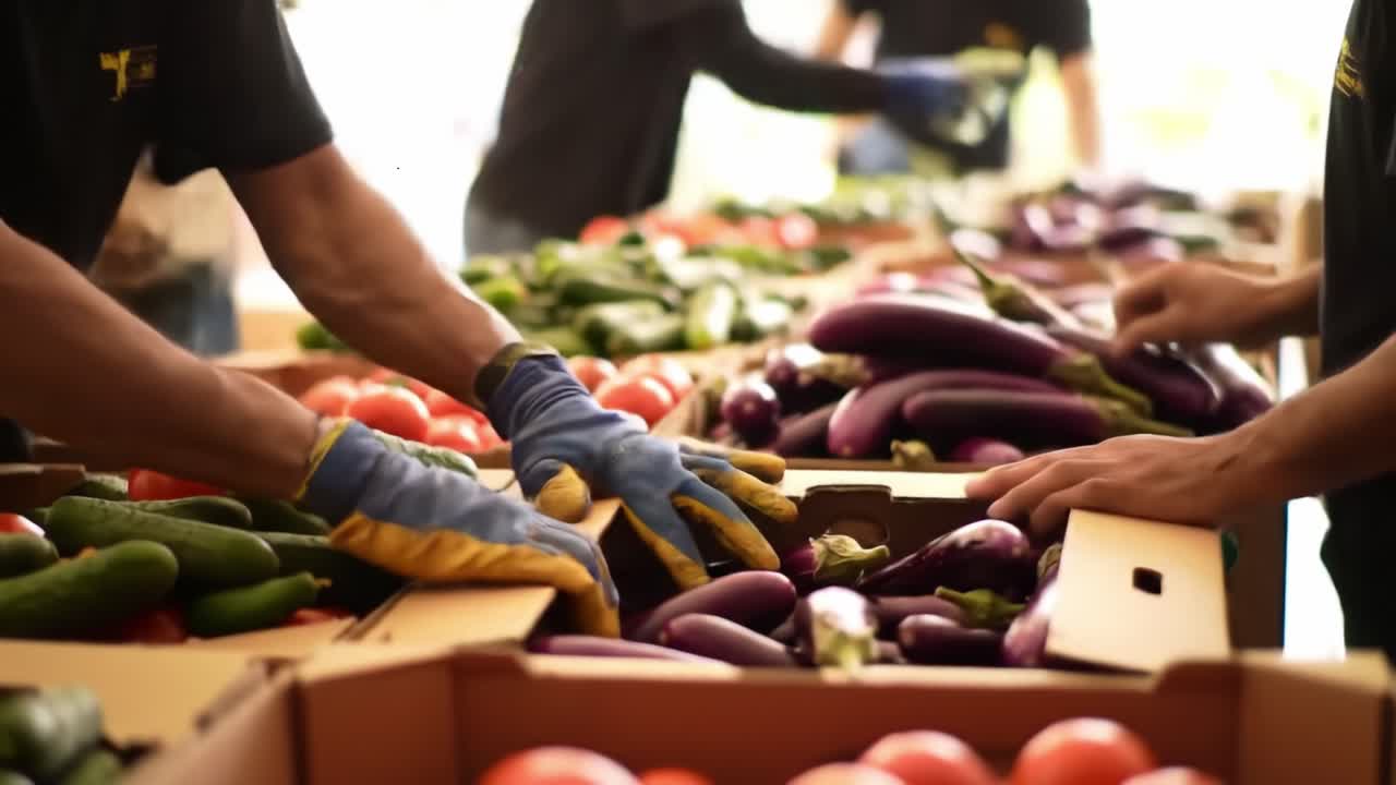 Community Members Collaborate to Sort Fresh Produce: Grouping Vegetables and Fruits for Distribution at a Local Food Pantry Initiative