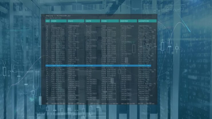 Animation of statistical data processing and mathematical equations against computer server room