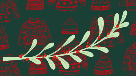 animación de la rama de acebo sobre el patrón de navidad en fondo verde