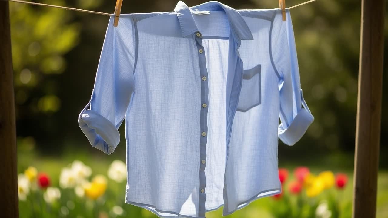 A Refreshing Display of a Blue Button-Up Shirt Hanging on a Clothesline Amidst Vibrant Blooms in a Sunny Garden Setting