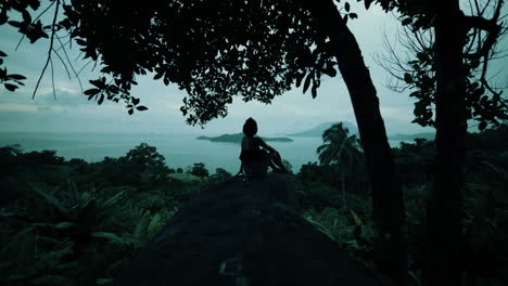 woman watching the ocean from a viewpoint in a tropical forest