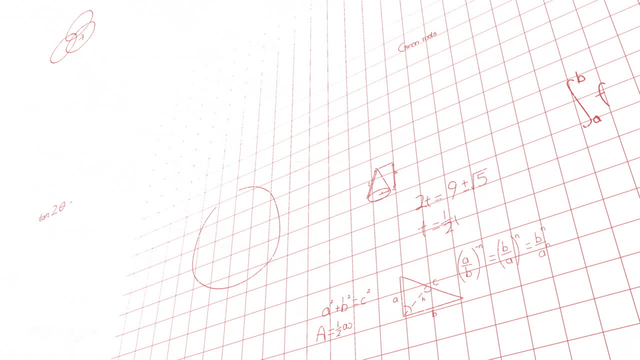 색 바탕에 그리드 네트워크를 통해 수학적 방정식과 공식의 애니메이션
