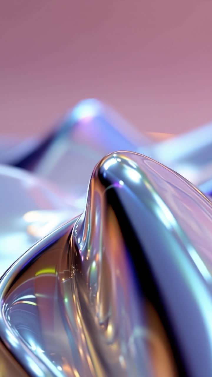 Onda astratta accattivante: una straordinaria esibizione di formazioni fluide riflettenti con tonalità iridescenti e curve morbide, ambientata su uno sfondo tenue.
