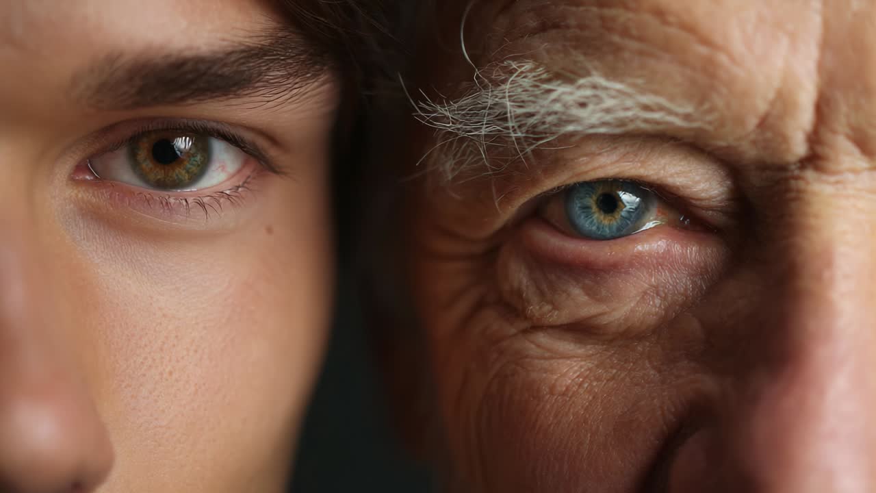An Intimate Exploration of Generational Connection Through Eyes: A Close-Up of a Young Man and an Older Gentleman, Capturing the Beauty of Life's Journey Reflected in Their Unique Eye Colors and Expressions