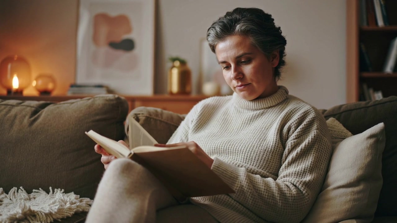 Tournant les pages en lisant, une femme âgée ajustant un livre de poche sur un canapé chez elle, vêtue d'un pull crème.
