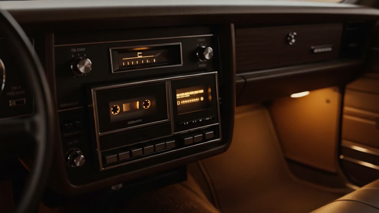 A Nostalgic Look Inside a Classic Car Interior Featuring an Analog Cassette Player and Vintage Dashboard Controls