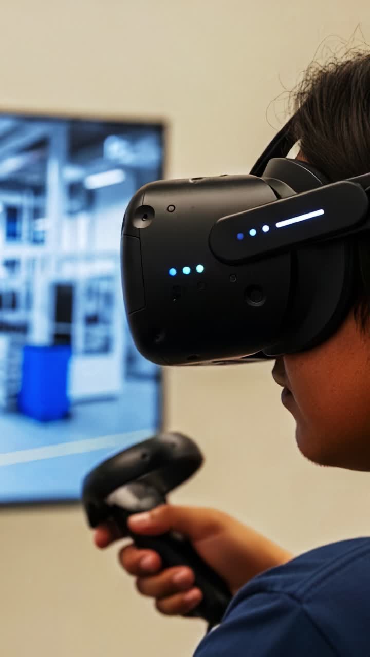 Immersive Virtual Reality Experience with a Headset and Controller in a Modern Environment Showcasing Engaging Technology Interactions and Gaming Potential