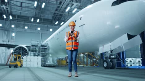 cuerpo lleno de ingeniera femenina asiática con casco de seguridad usando teléfono inteligente mientras está de pie con la aeronave en el hangar