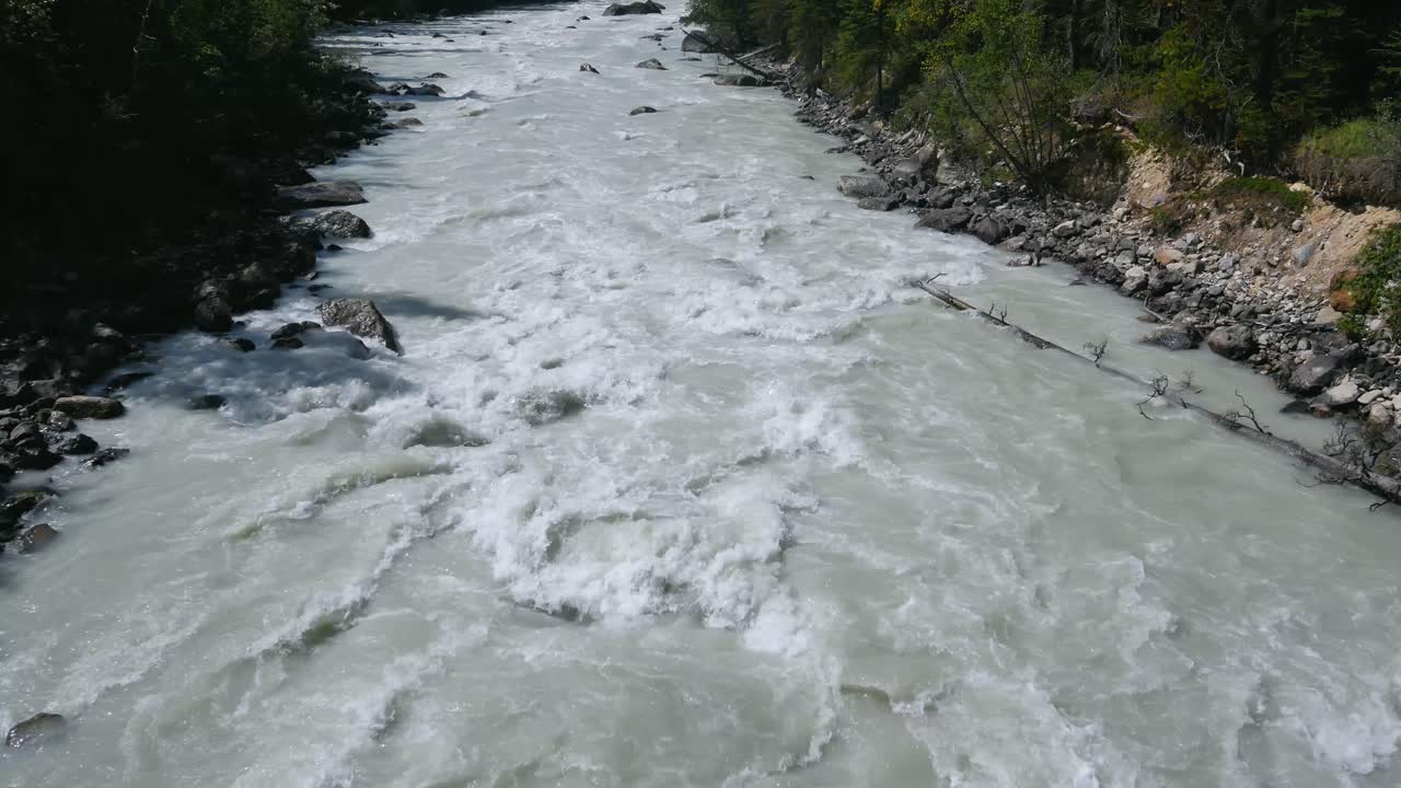 waterflow in yoho valley river in summer daytime in Yoho National Park, British Columbia,Canada with background of mountain rang view and pinetree forest