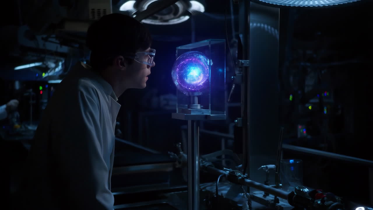 Young scientist observes a glowing cosmic orb in a futuristic lab
